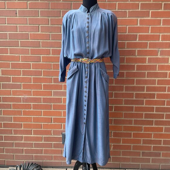 Vintage Dresses & Skirts - Vintage Shirtdress 80s John Ranta Blue Purple Iridescent Batwing Shirt Dress LG